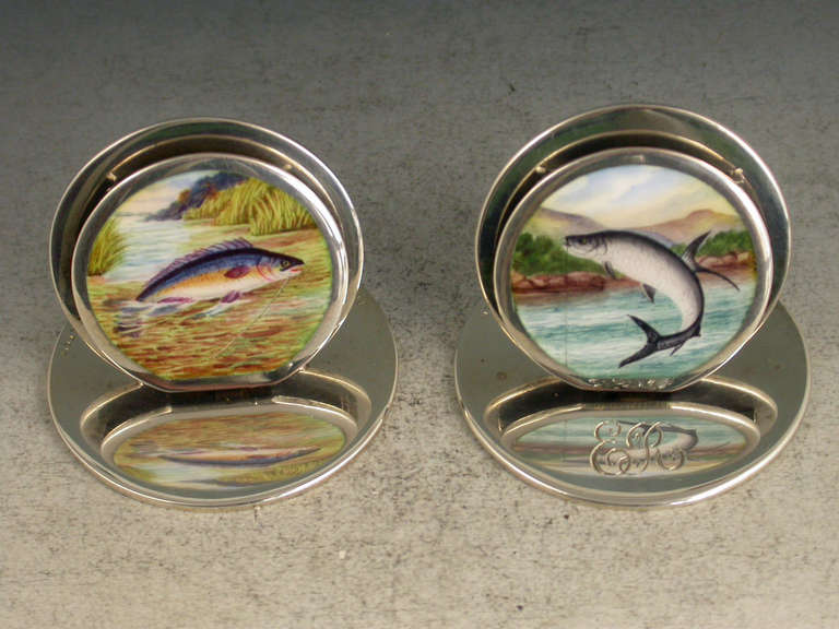 Rare Pair of Edwardian Silver and Enamel "Fish" Menu Holders