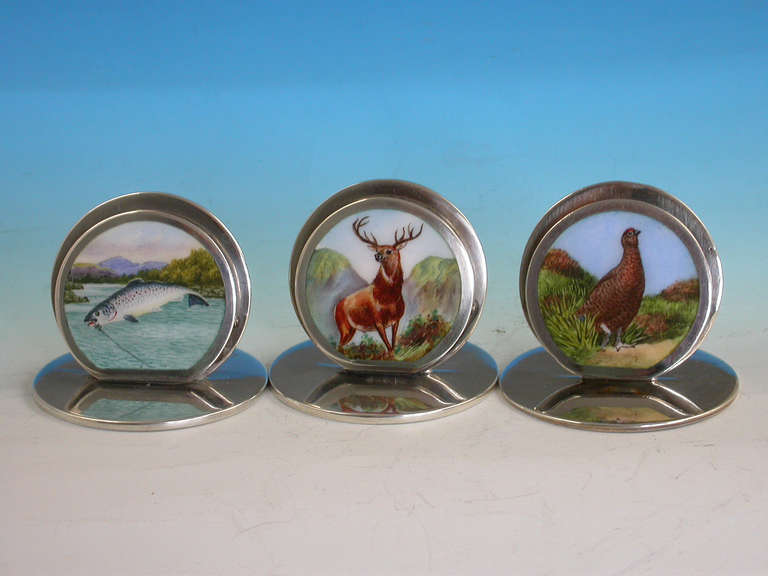 Set of Three Edwardian Silver and Enamel "McNab" Menu Holders