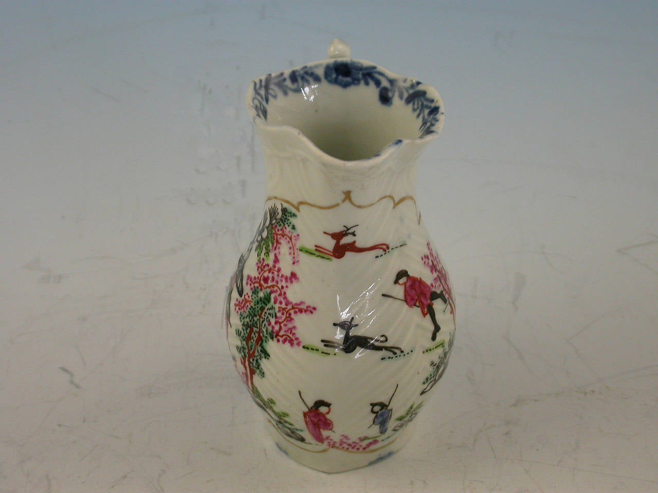 English Early Worcester Cream Jug in Stag Hunt Pattern