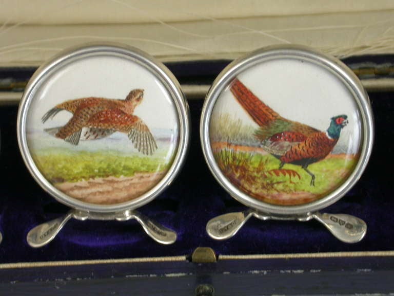 Cased Set 4 Edwardian Silver & Enamel 'Game Bird' Menu Holders