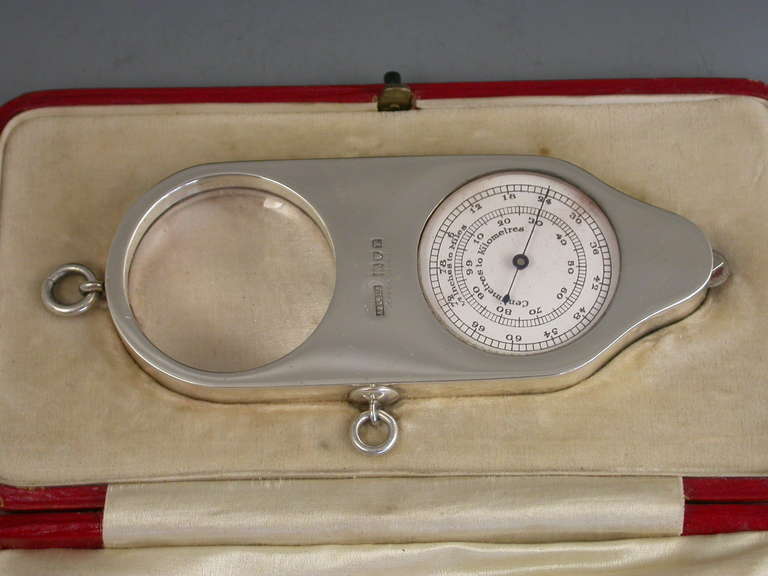 English Silver Opisometer Map Measuring Tool with Magnifying Glass & Propelling Pencil