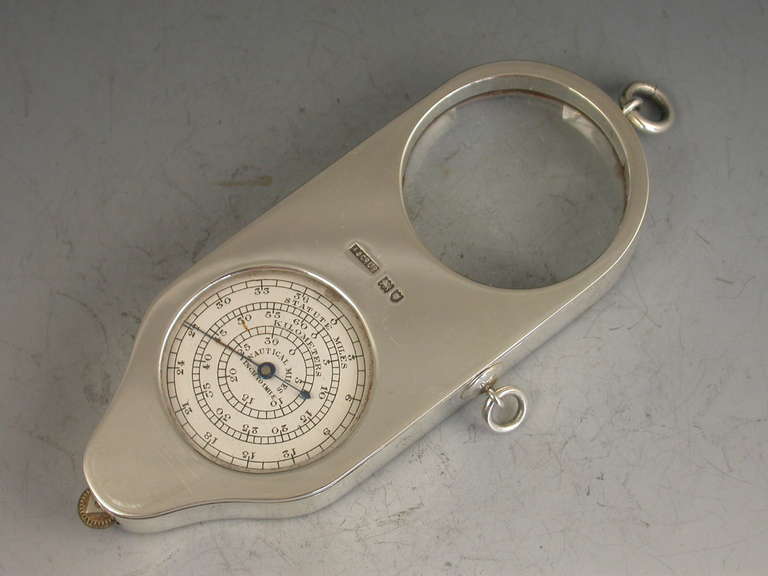 20th Century Silver Opisometer Map Measuring Tool with Magnifying Glass & Propelling Pencil