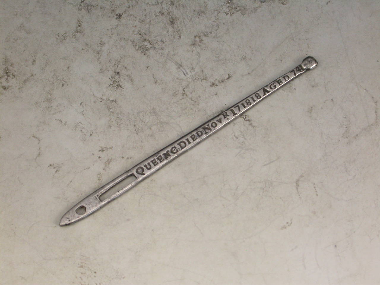 A rare George III Commemorative silver Needlework Bodkin, made to commemorate the death of Queen Charlotte (wife of George III) who died on November 17th 1818, aged 74. 

Unmarked circa 1818
