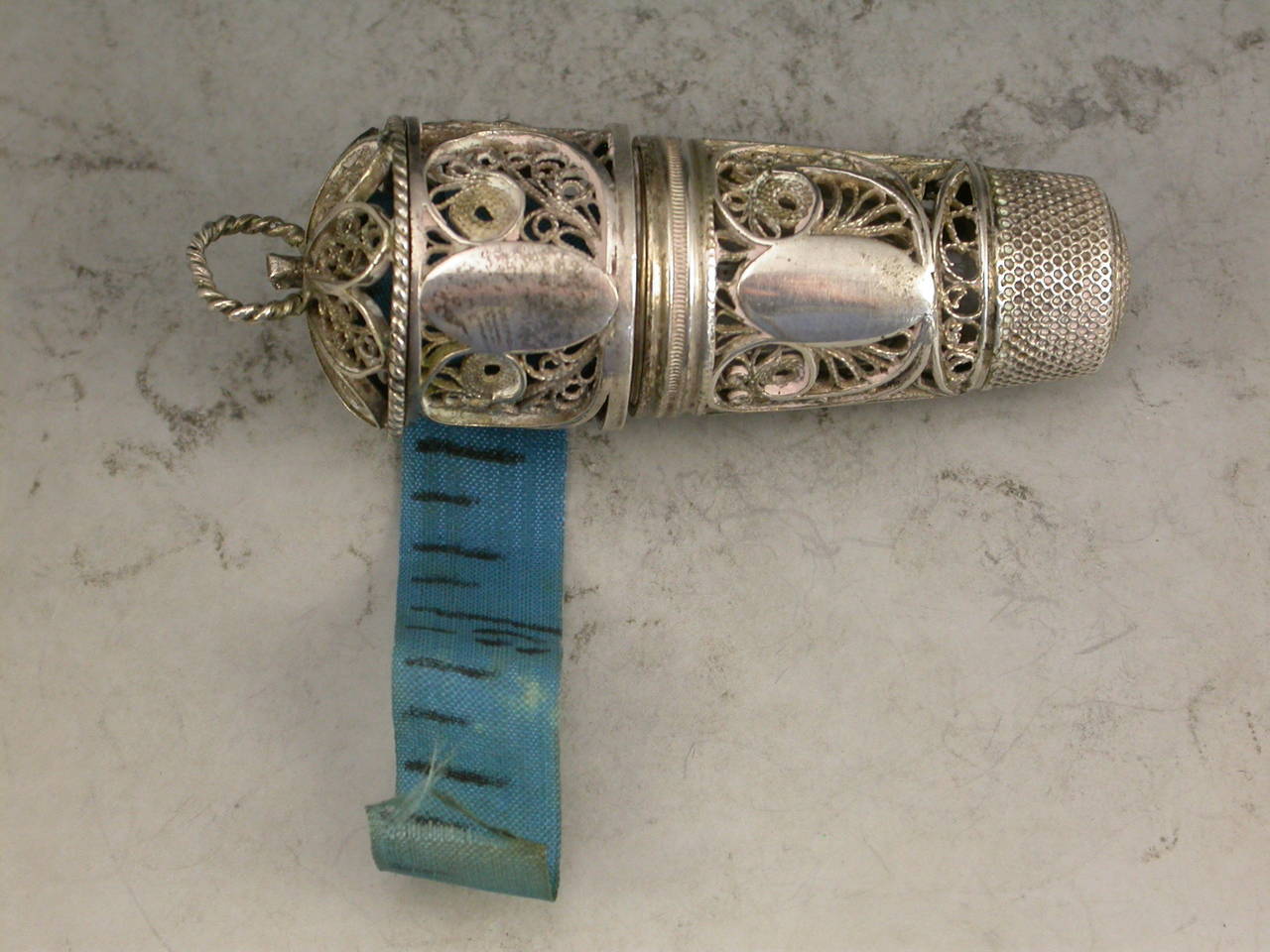 English Georgian Combination Silver Filigree Thimble, Scent Bottle Holder, Tape Measure