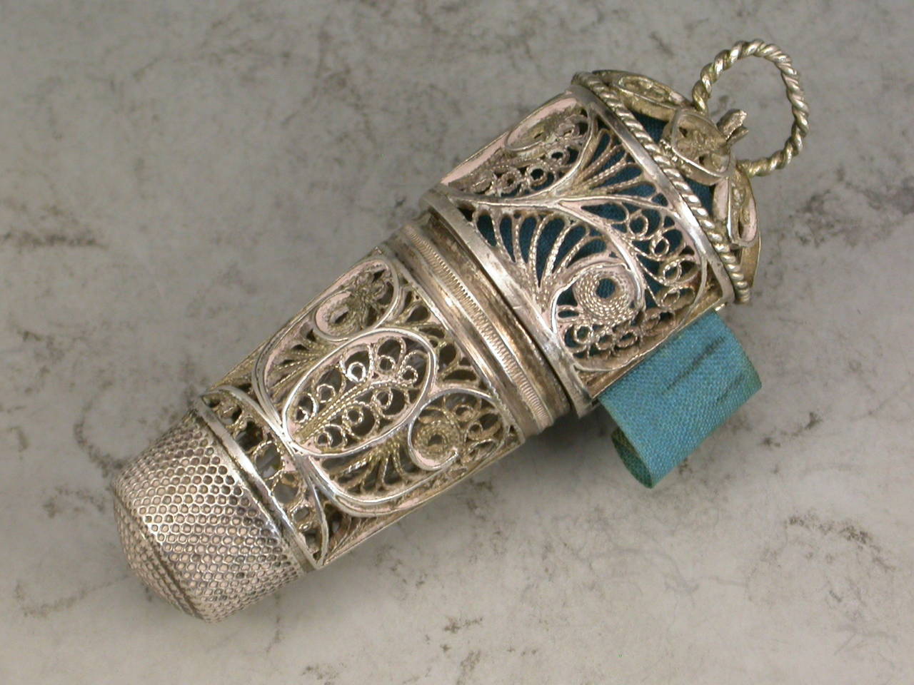 19th Century Georgian Combination Silver Filigree Thimble, Scent Bottle Holder, Tape Measure