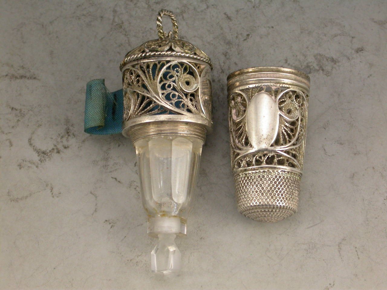 Georgian Combination Silver Filigree Thimble, Scent Bottle Holder, Tape Measure 2