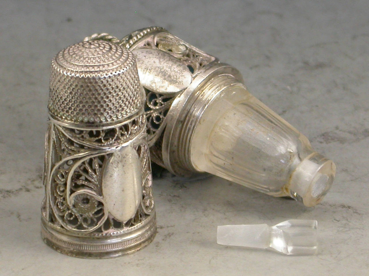 Georgian Combination Silver Filigree Thimble, Scent Bottle Holder, Tape Measure 4