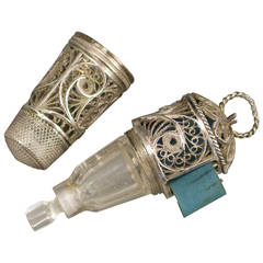 Georgian Combination Silver Filigree Thimble, Scent Bottle Holder, Tape Measure