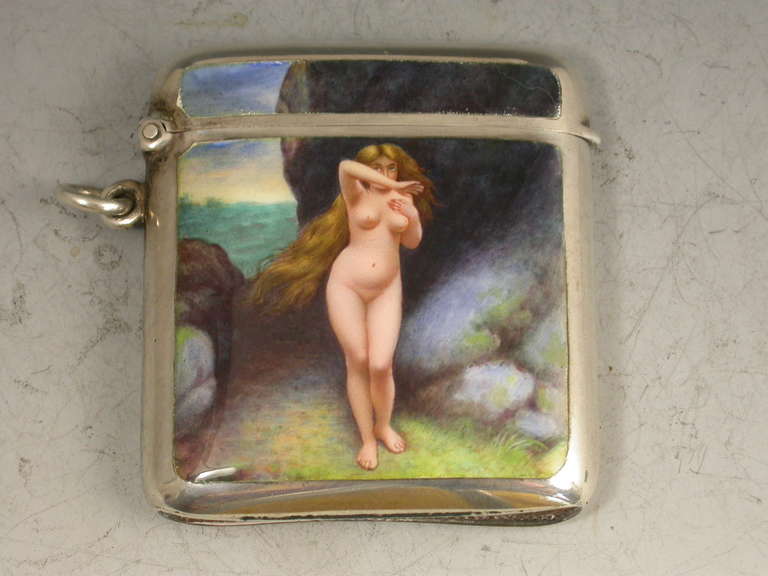 English Edwardian Continental Silver and Enamel Vesta Case with Andromeda