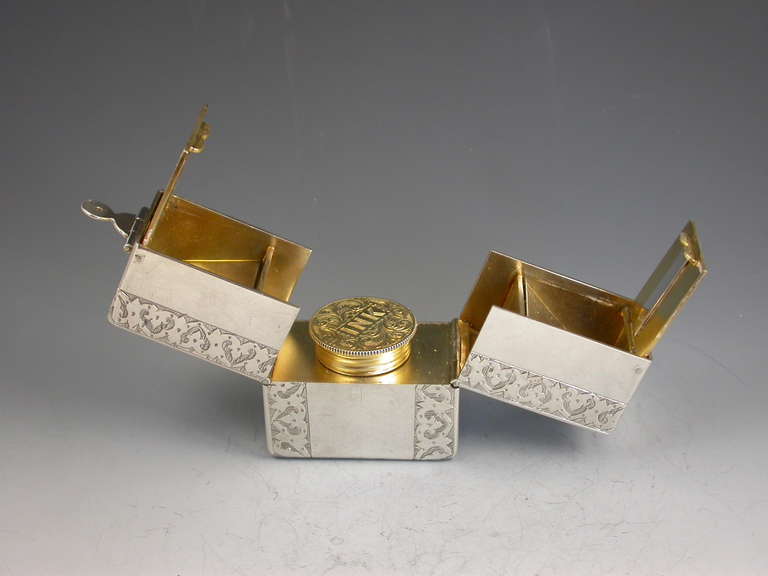 19th Century Rare Victorian Silver Travelling Inkwell with Twin Postage Stamp Boxes