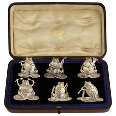 Cased Set of Six Victorian Antique Cast Silver 'Frog Band' Menu Holders