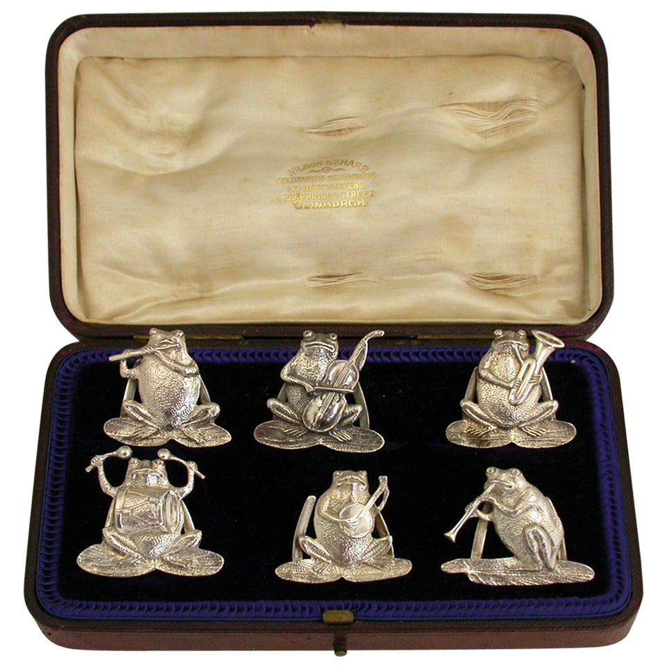 Cased Set of Six Victorian Antique Cast Silver 'Frog Band' Menu Holders