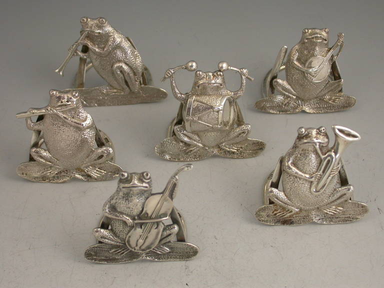 Cased Set of Six Victorian Antique Cast Silver 'Frog Band' Menu Holders In Good Condition In Sittingbourne, Kent