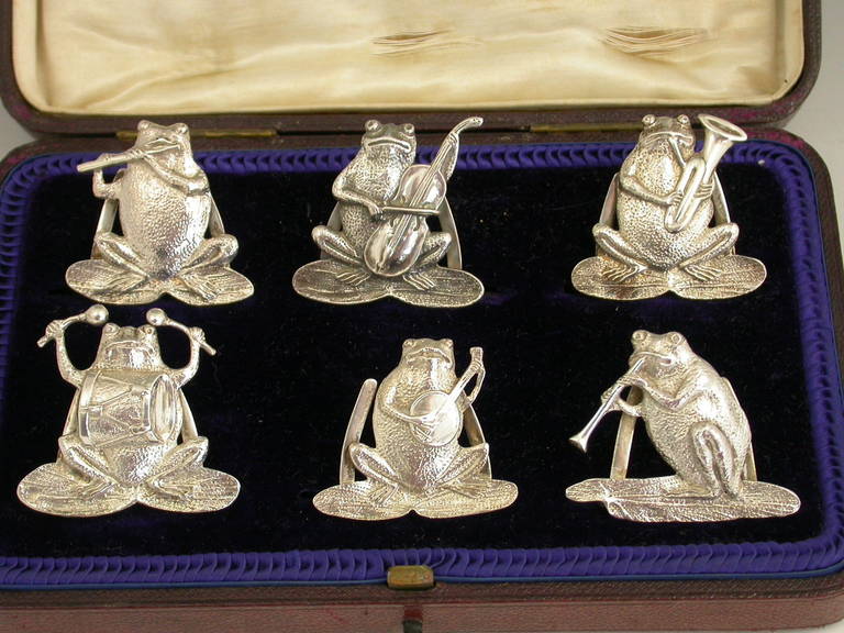 19th Century Cased Set of Six Victorian Antique Cast Silver 'Frog Band' Menu Holders