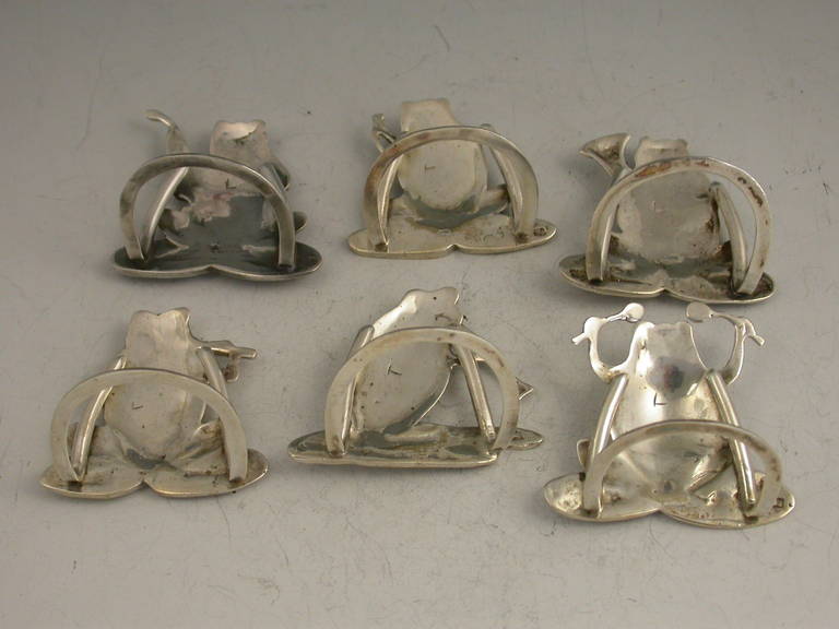 Cased Set of Six Victorian Antique Cast Silver 'Frog Band' Menu Holders 1