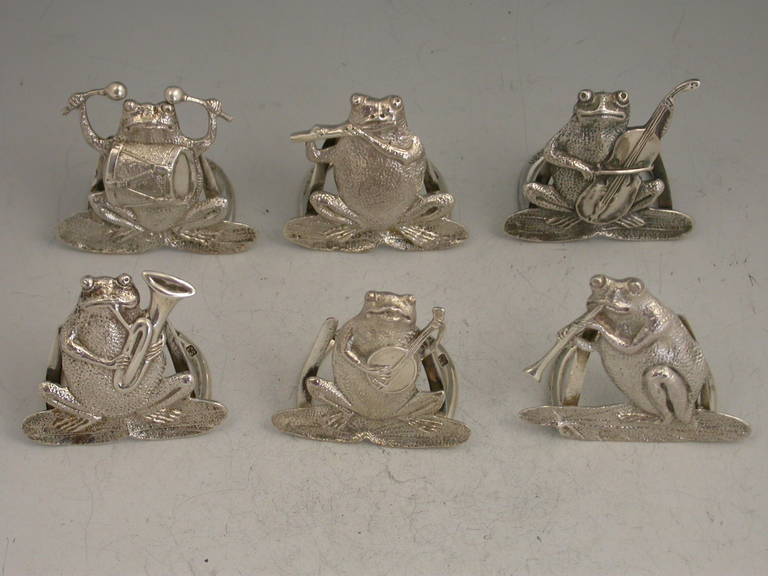 Cased Set of Six Victorian Antique Cast Silver 'Frog Band' Menu Holders 2
