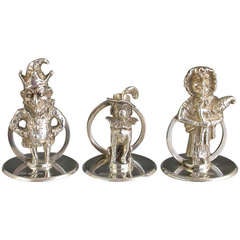 Antique Rare Set 3 Edwardian Silver Menu Holders 'Mr Punch, Judy & Dog Toby'