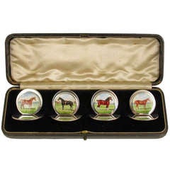 Cased Set 4Edwardian Antique Silver & Enamel Menu Holders 'Horses'