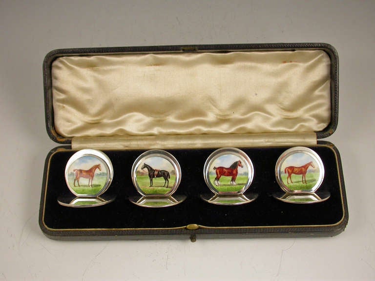 Cased Set 4Edwardian Antique Silver & Enamel Menu Holders 'Horses'