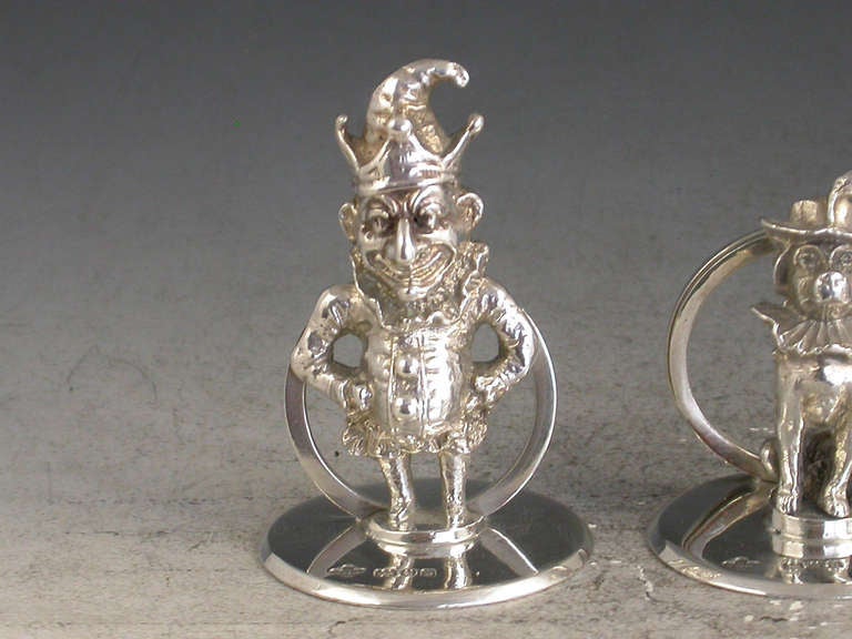 English Rare Set 3 Edwardian Silver Menu Holders 'Mr Punch, Judy & Dog Toby'