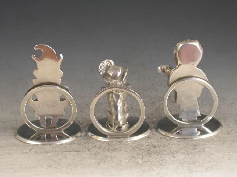 20th Century Rare Set 3 Edwardian Silver Menu Holders 'Mr Punch, Judy & Dog Toby'
