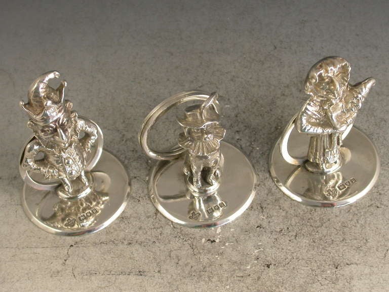 Rare Set 3 Edwardian Silver Menu Holders 'Mr Punch, Judy & Dog Toby' 1