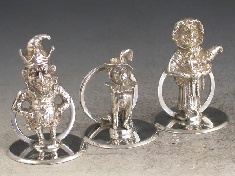 Rare Set 3 Edwardian Silver Menu Holders 'Mr Punch, Judy & Dog Toby' 4
