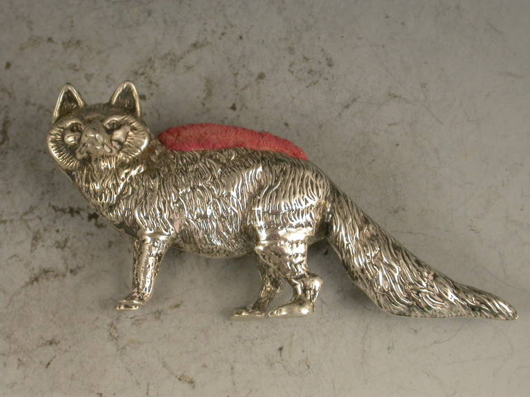 English Edwardian Novelty Silver Fox Pin Cushion