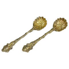 Pair of George III Cast Silver Gilt Mask Head and Serpent Salt Spoons