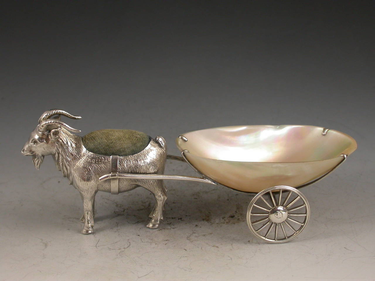 British Edwardian Novelty Silver Goat & Cart Pin Cushion