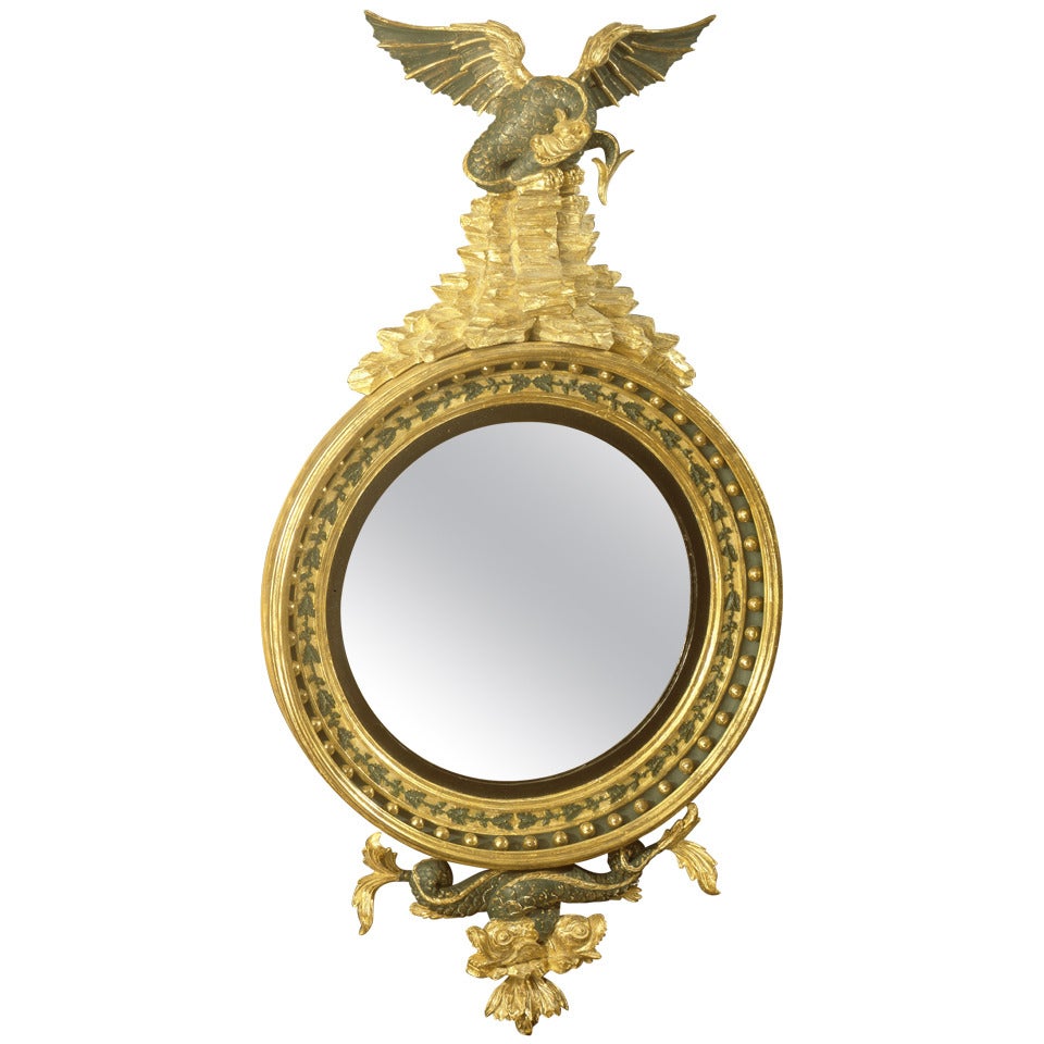 Giltwood and Painted Regency Period Convex Mirror For Sale