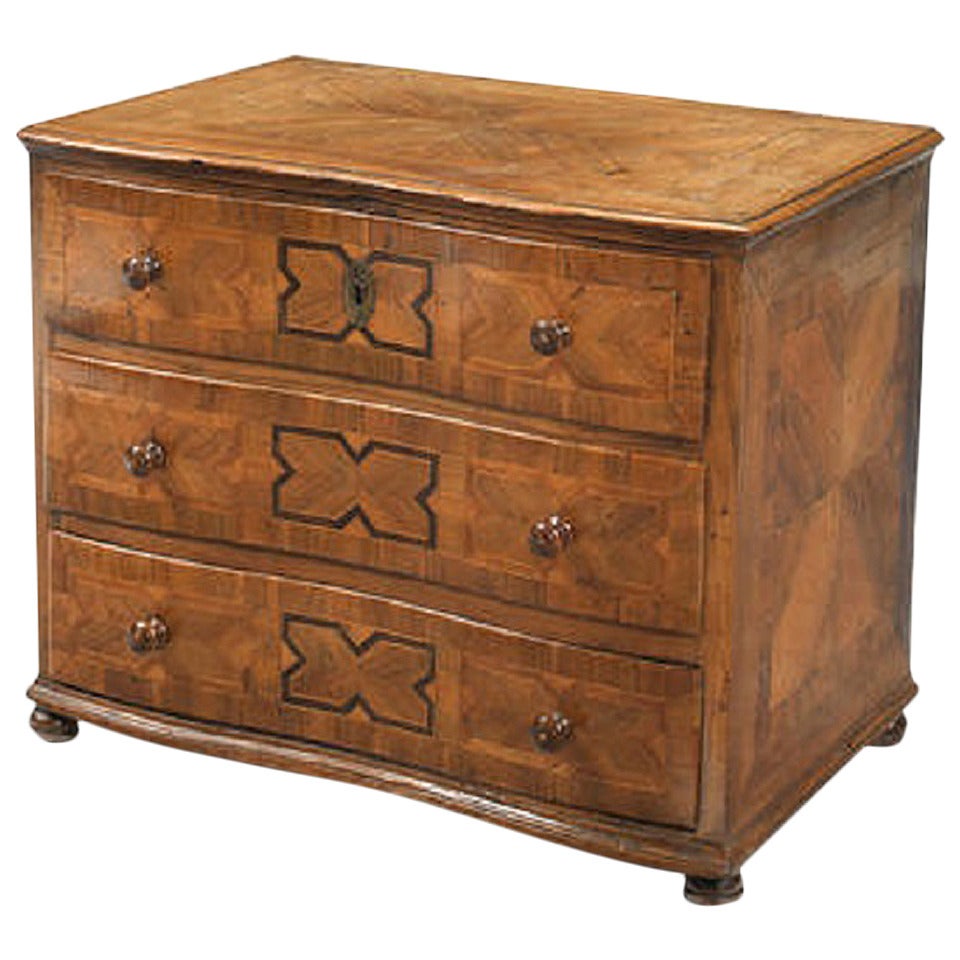 South German Walnut, Maple and Ebony Banded Serpentine Apprentice's Commode For Sale