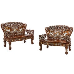 Pair of antique Chinese hardwood Hongmu and mother of pearl inlaid benches