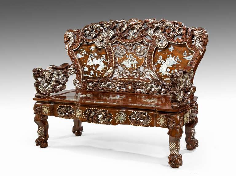 Pair Of Antique Chinese Hardwood Hongmu And Mother Pearl Inlaid Pair Of Antique Chinese Hardwood Hongmu And Mother Pearl Inlaid Benches In Excellent Condition For