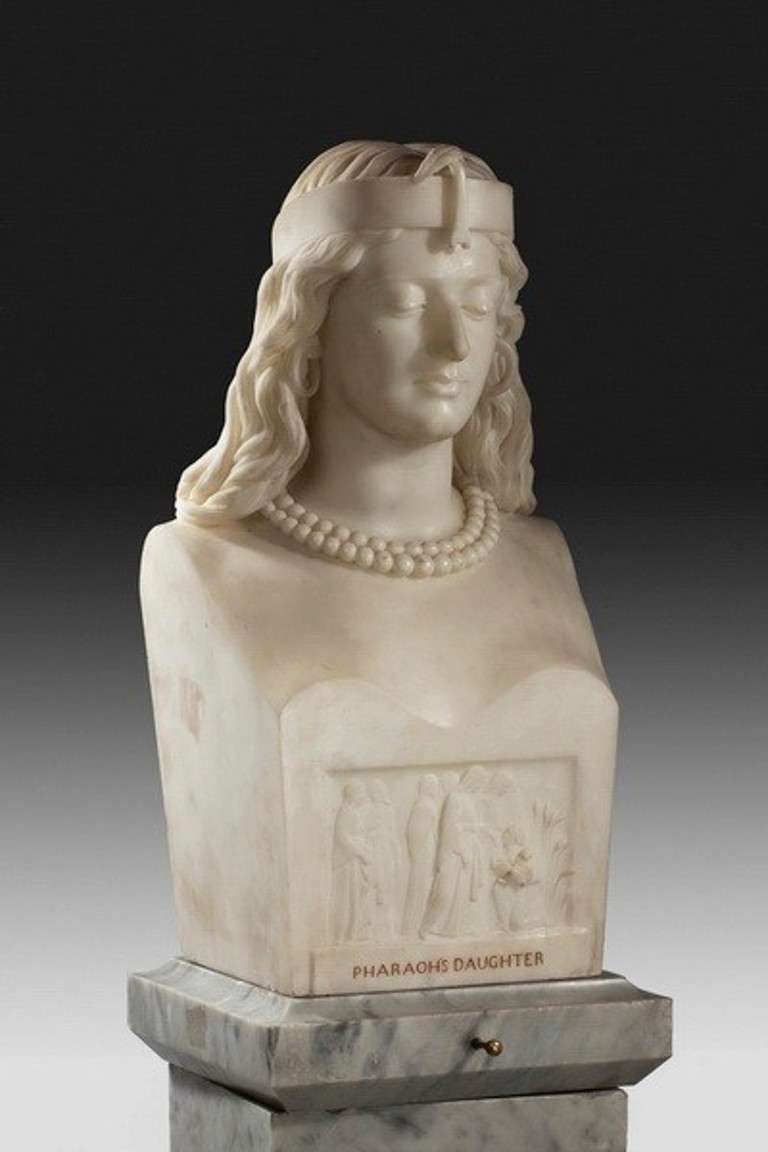 Fine quality marble bust by Adams Acton entitle 'Pharaoh's daughter' on it's original grey marble column with revolving plinth. 

Signed/Inscribed/Dated: John Adams-Acton.