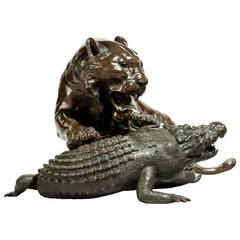 Meiji Bronze of a Tiger and Alligator, Signed