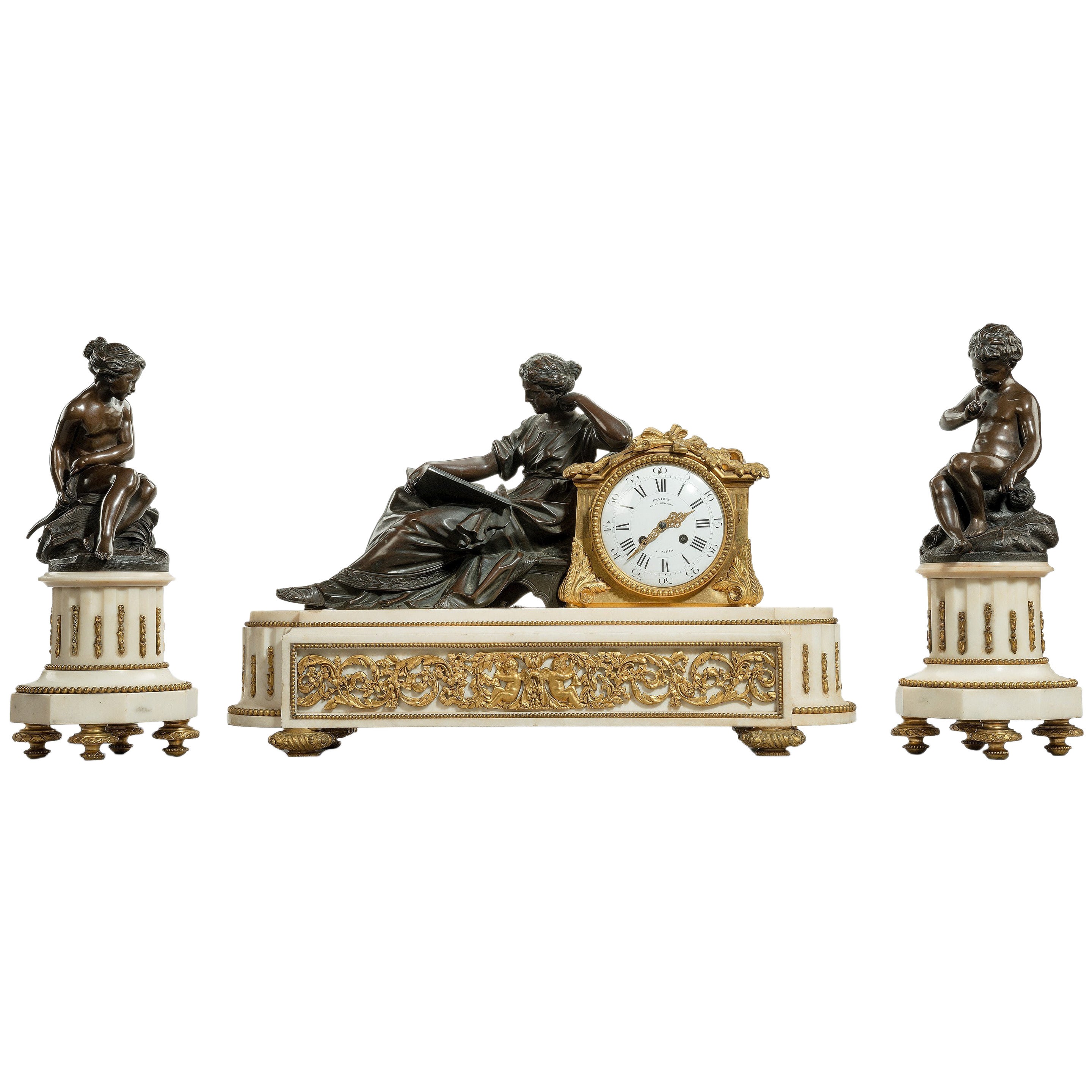 Napoleon III Ormolu-Mounted Marble Clock Set by Deniere