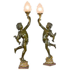 Fine Pair of 19th Century Bronze Figural Lamps in the Style of Moreau