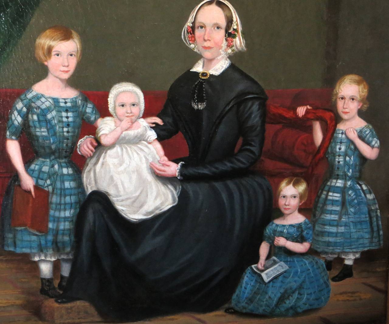 This American portrait descended through same family from 1830s until July 2012, when I acquired it from executor in Oregon. Early family had lived in New England. It is unusual to have so many subjects in the same picture, especially to have four