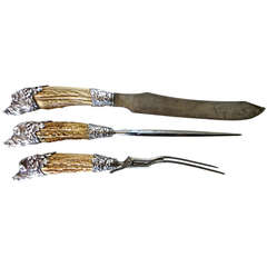 Antique Carving Set with Antler Horned Handles & Boar's Head Sterling Silver, circa 1880