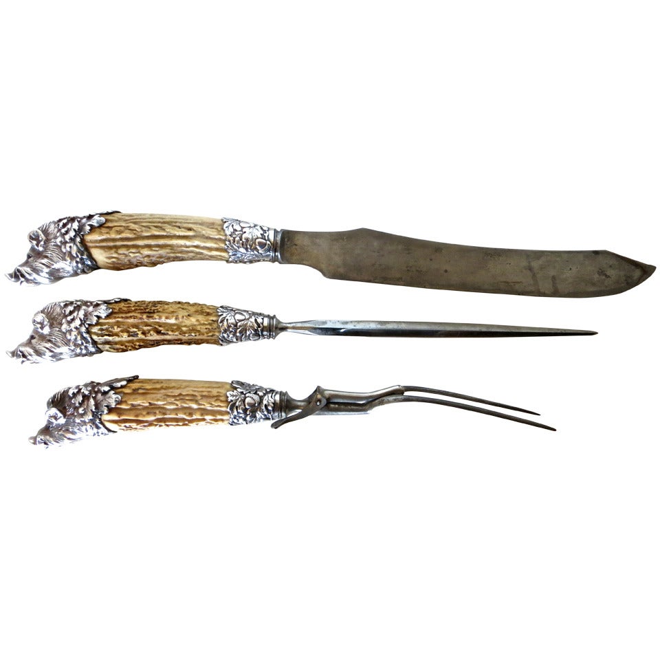 Carving Set with Antler Horned Handles & Boar's Head Sterling Silver, circa 1880