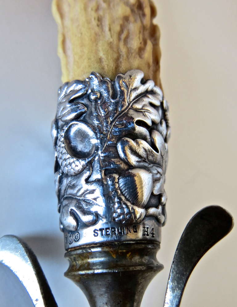 Victorian Carving Set with Antler Horned Handles & Boar's Head Sterling Silver, circa 1880