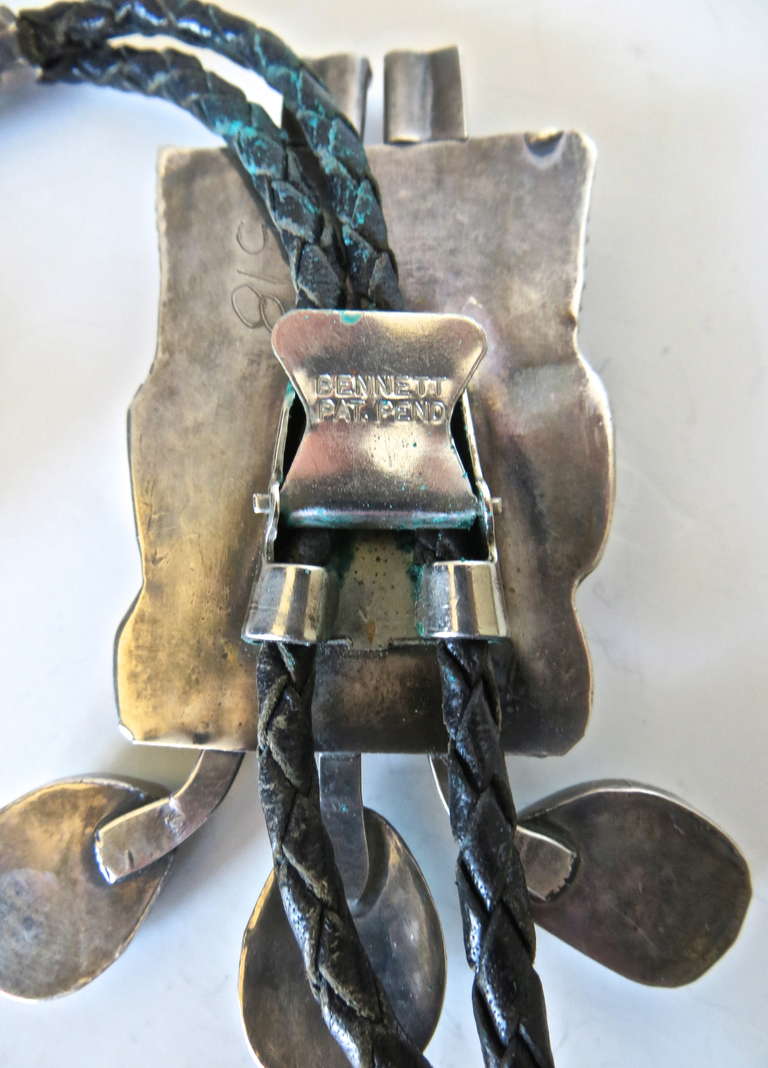 Navajo Indian Turquoise and Silver Bolo Tie, circa 1960s In Excellent Condition In Incline Village, NV