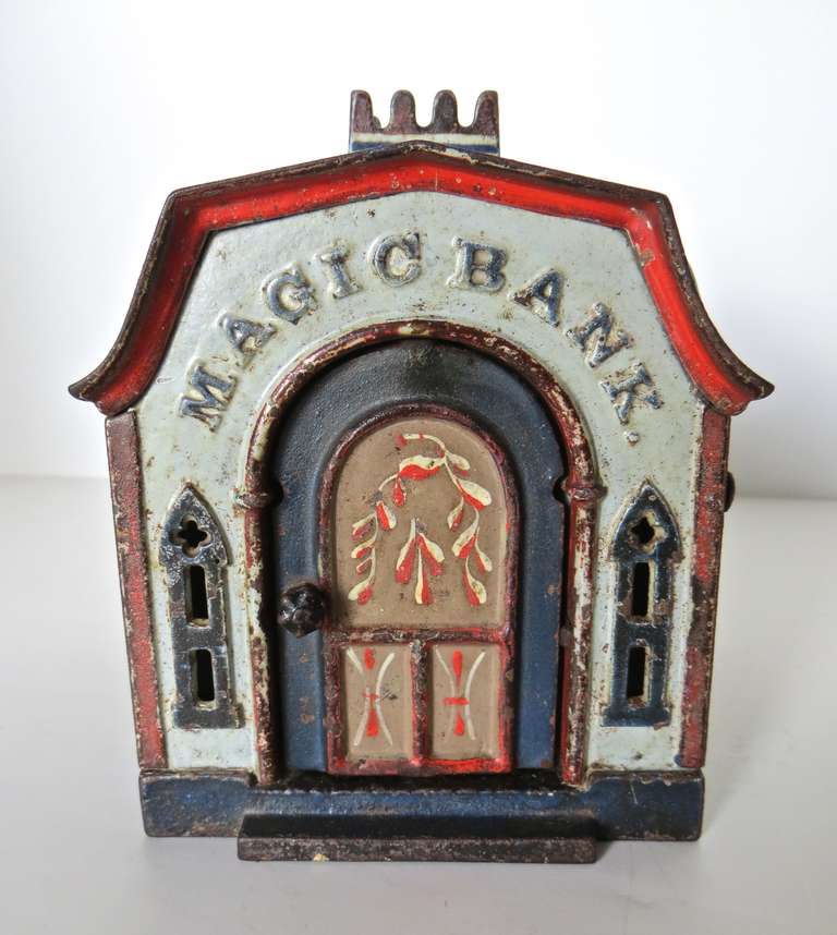 Manufactured in 1876 by the J. & E. Steven's Company in Cromwell, Connecticut, this cast iron bank measures 4 3/4