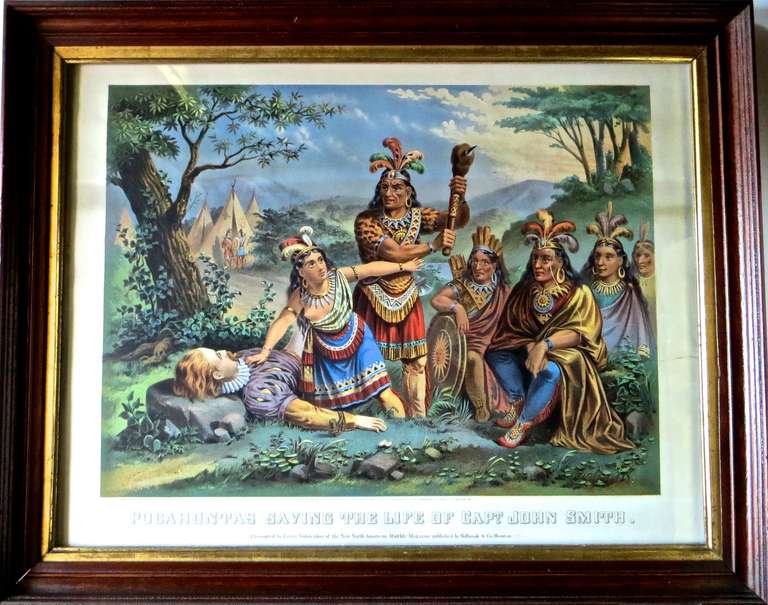 Victorian Pocahontas and John Smith, Chromo-Lithograph, Dated 1870, Rare For Sale