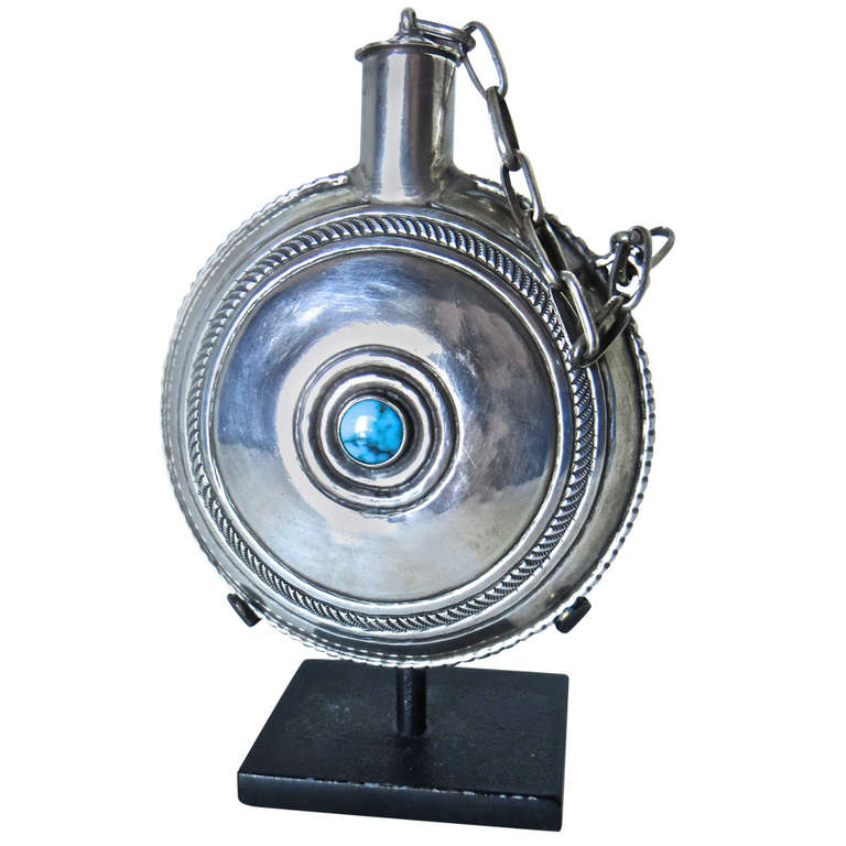 navajo tobacco canteen Navajo Tobacco Canteen. Silver with Turquoise. Circa 1910
