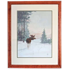 Antique Watercolor of Grazing Moose in Yellowstone Park, by H. Adams. Dated 1907.