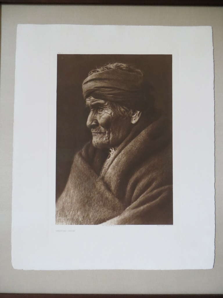 Museum quality and very rare native American artifact. This is an original and a very hard to find iconic photograph of Geronimo, the famous Apache Chief done by renowned photographer Edward Curtis. It was taken in March of 1905 the day before Teddy