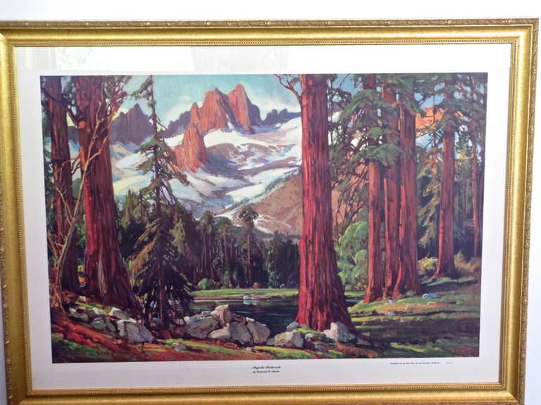 Farbenfrohe und landschaftlich reizvolle Lithografie im Großformat von Mammutbäumen in den kalifornischen Sierras, geschaffen von dem bekannten kalifornischen Maler Frederick W. Becker. Becker wurde 1888 in South Dakota geboren und führte ein