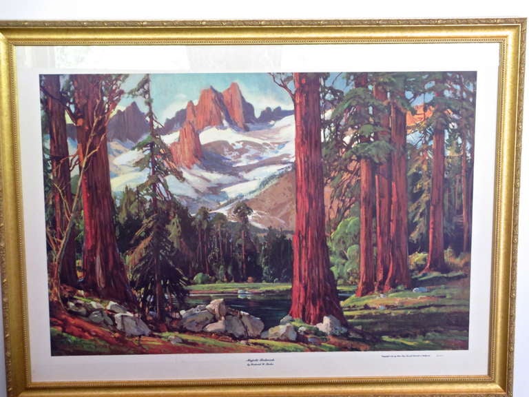 Colorata e scenografica litografia in folio di grandi dimensioni di sequoie nella Sierra californiana, realizzata dal noto pittore californiano Frederick W. Becker. Daniel Becker nacque nel South Dakota nel 1888 e visse una vita itinerante, finendo